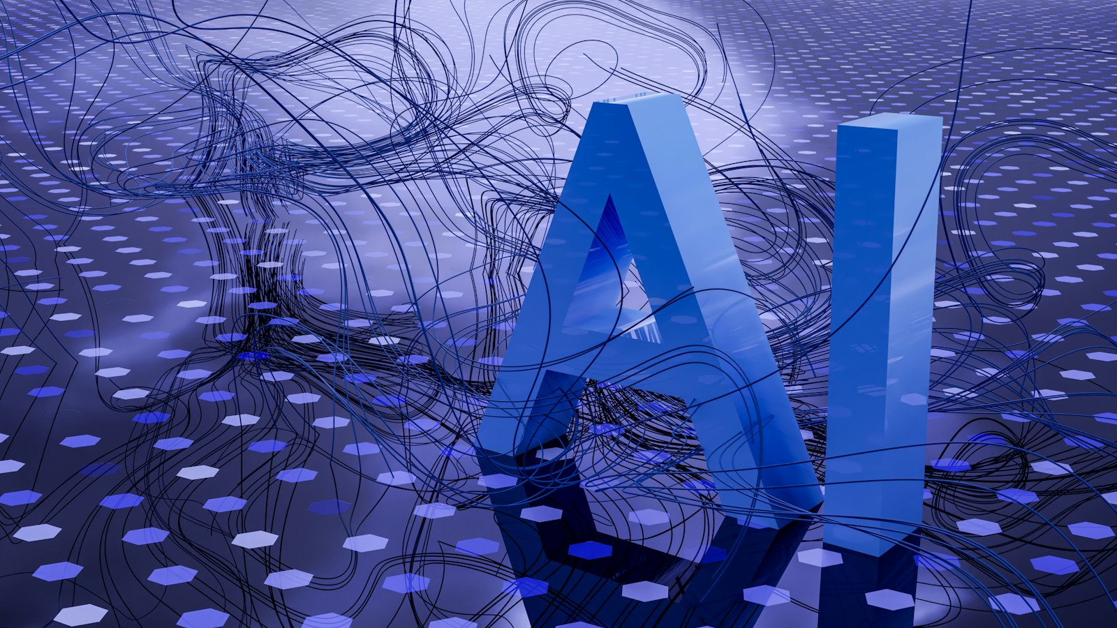 Illuminated three-dimensional letters spelling AI against a dark blue grid