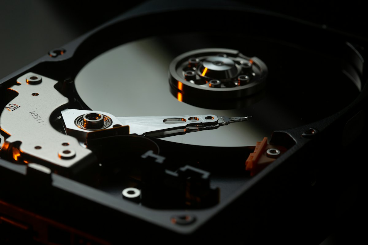 The inside of an opened hard disk drive